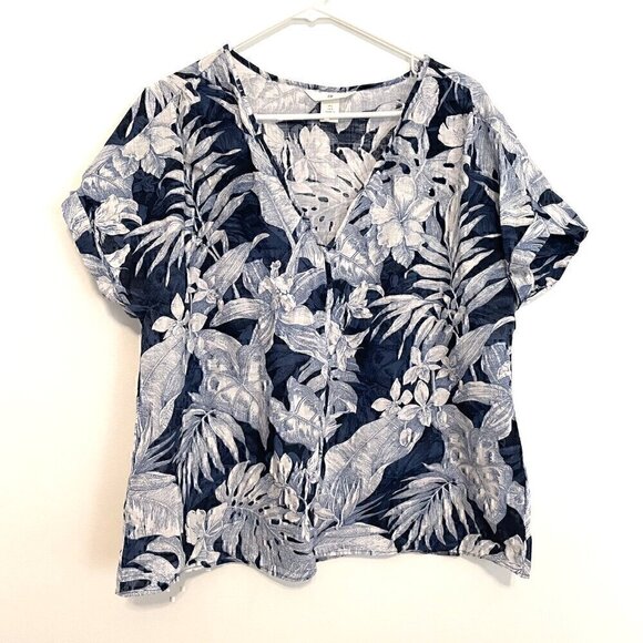 H&M L.O.G.G. V-Neck Cotton Blouse Blue Tropical Hawaiian Floral Leaf Leaves Boho - Picture 2 of 12